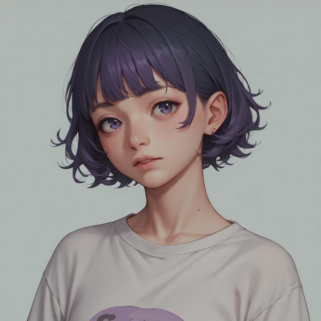 Mimi Lubi with short black hair and purple bangs 