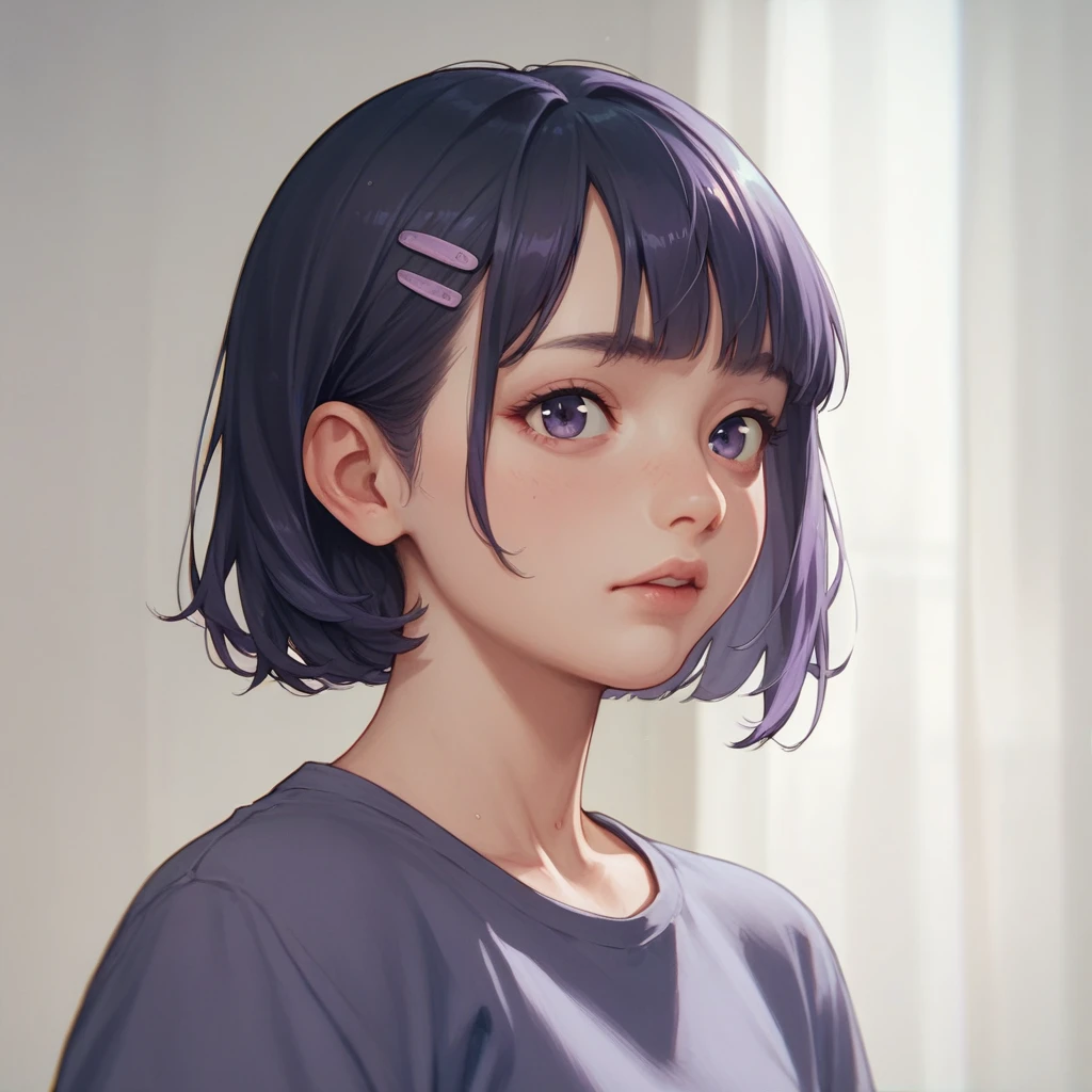 Mimi Lubi with short black hair and purple bangs 