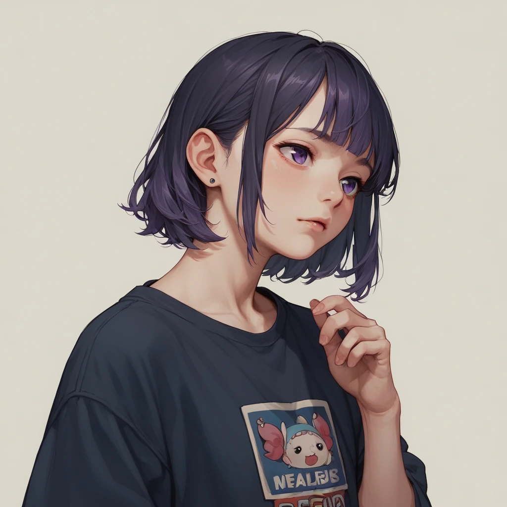 Mimi Lubi with short black hair and purple bangs 