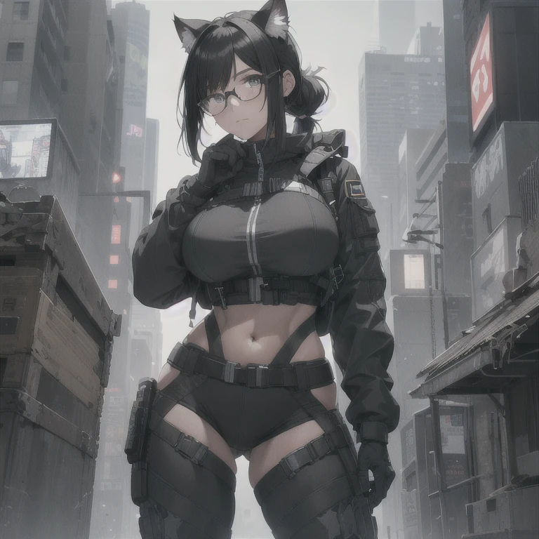 Absurd resolution, high resolution, (masterpiece: 1.4), hyper-detail, full body shot, solo, 1 kemono feline cat woman, humanoid, no skin other than neck and head shown, black hair, glasses, messy ponytail, cute face, detailed soft grey eyes, huge massive hyper super swollen breasts that cover her whole torso and are bigger than her head while being so big they reach her belly button, extremely super large bust, wide full hips, narrower torso and shoulders, smaller torso, full thicc big soft thighs, big rounded full soft butt, ruggedized utility styled outfit, full body outfit coverage with no skin showing or revealed, scifi monochrome black and grey fullbody covering protective padding rugged utility suit with white chest, practical/functional clothing, weather-proof durable clothing material, nylon clothing material, custom made clothing to fit and support large breasts, scifi padded rugged high collar techwear jacket, white and black triangular decals and techwear iconography on apparel and clothing, techwear gloves, arm mounted strapped display scifi tablet/communication device/computer, rugged tablet display mounted on MOLLE strap on top of her bust, ruggedized computer tablet mounted above her breasts, screen display mounted on top of her chest, ruggedized tech, ruggedized tech aesthetic, fitted utility pants, utility chaps, near future scifi, cyberpunk aesthetic, anime aesthetic