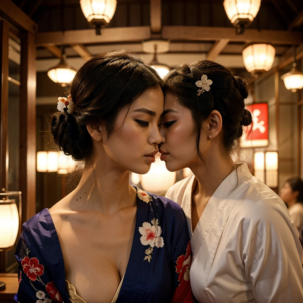 Geisha Woman kissing another woman passionately