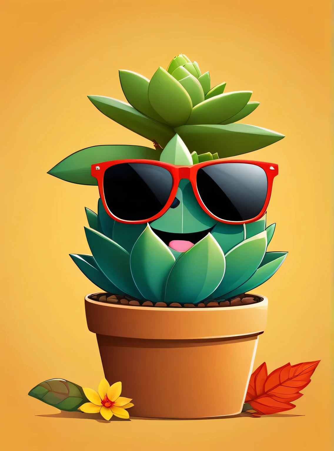 happy succulent plant wearing sunglasses, flower on his head, in autumn season, illustration, no humans, looking at viewer, solo, portrait, vector art,