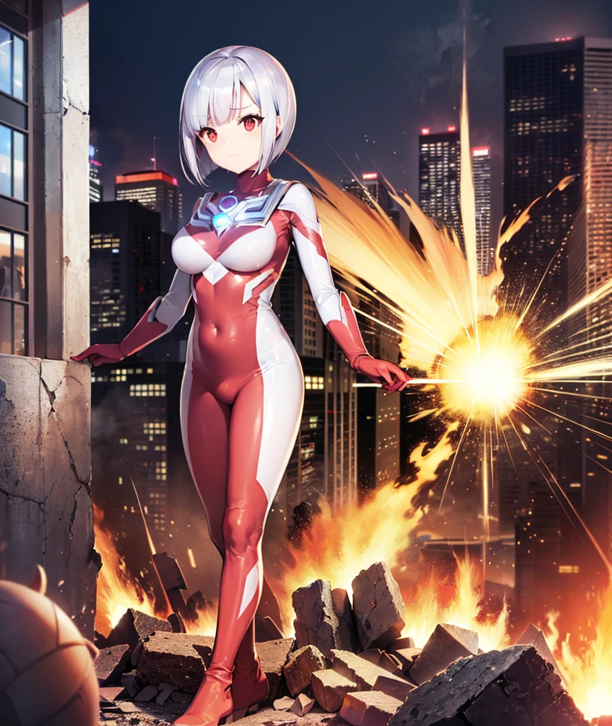 Best image quality,8K Beautiful detailed one young girl,(Bright redhead:1.5),(Short Bob:1.5),(Red eyes:1.5), (Ultra Girl :1.0), (Silver and red Ultraman bodysuit:1.4),Big Breasts,Burning City,A large number of buildings,Abandoned building,Flaming,monster,monsterとバトル