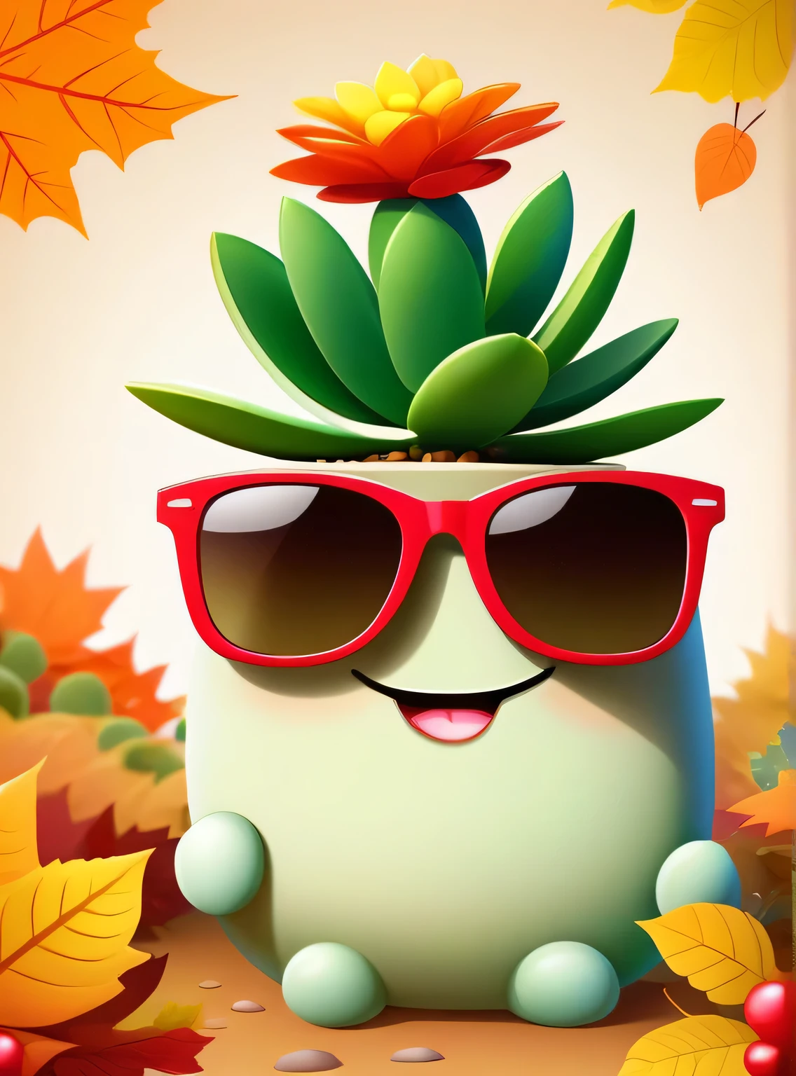 happy succulent plant wearing sunglasses, flower on his head, in autumn season, illustration, no humans, looking at viewer, solo, portrait, vector art,