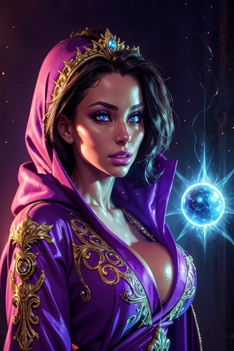 a powerful female mage,detailed face and expression,beautiful detailed eyes,beautiful detailed lips,extremely detailed intricate robes,ornate staff,magical energy,impressive spell casting,dramatic lighting,cinematic composition,vibrant colors,fantasy art style,digital painting