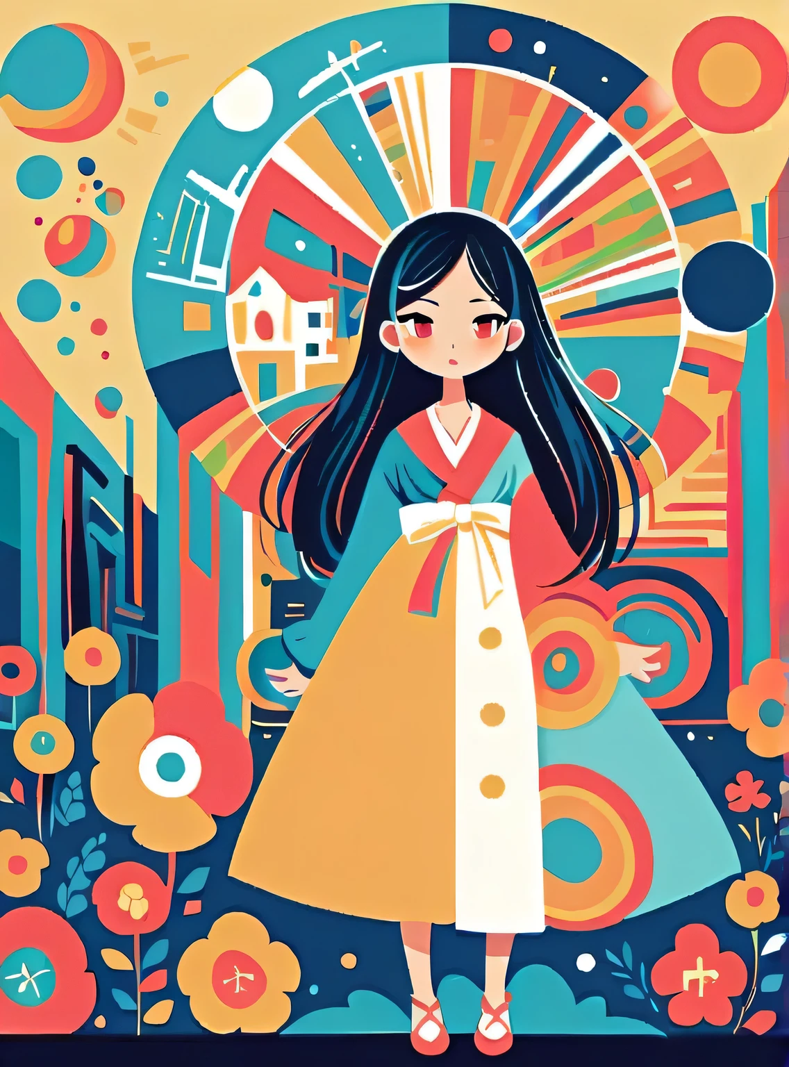 Heisuke Kitazawa Style, Standing in front of a high wall,Simple Line Initialism,Abstract art,Urban Background, (((The most beautiful girl))), colorful flowers