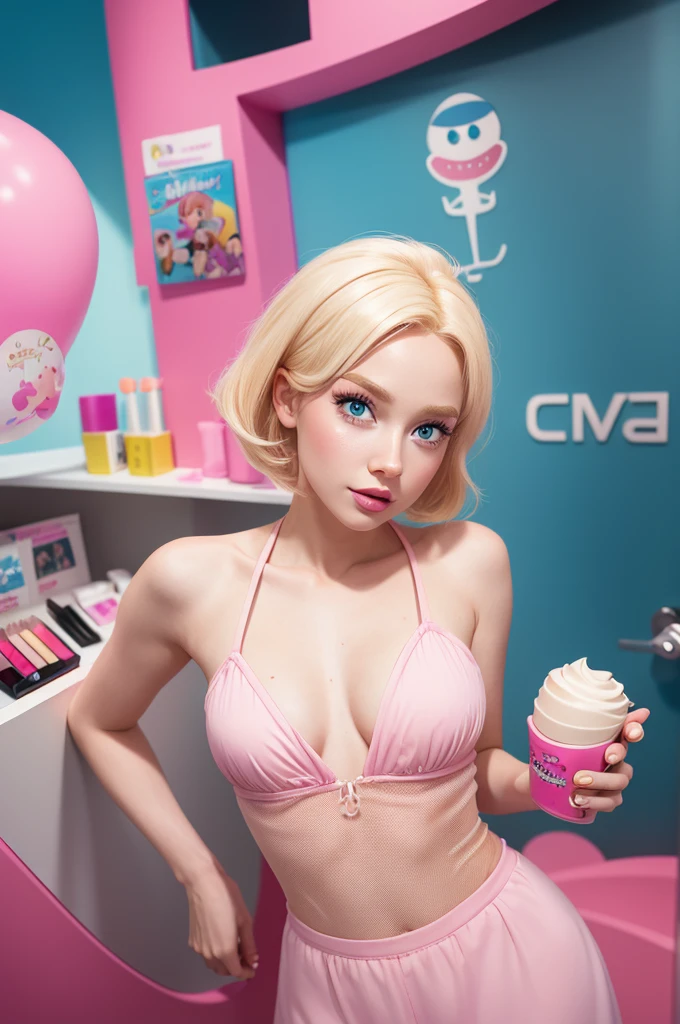 Funny cartoon character from the Pixar film with blonde hair and funny pink skin and with cosmetics in hand
