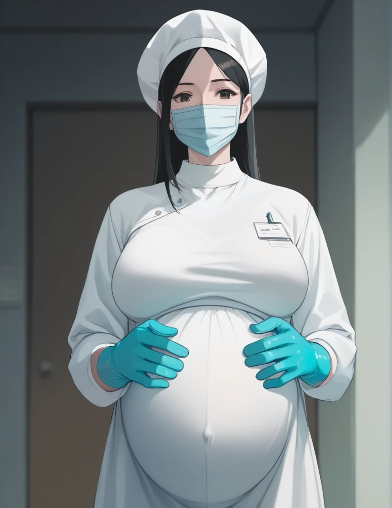 Score_9, Score_8_up, Score_7_up, highest quality, masterpiece, pale skin, big breasts, surgical mask, surgical cap, long sleeve surgical gown, 9 months pregnant, hide your hair completely,
1 girl, pregnant, solo, rubber gloves, in the operating room, standing,
