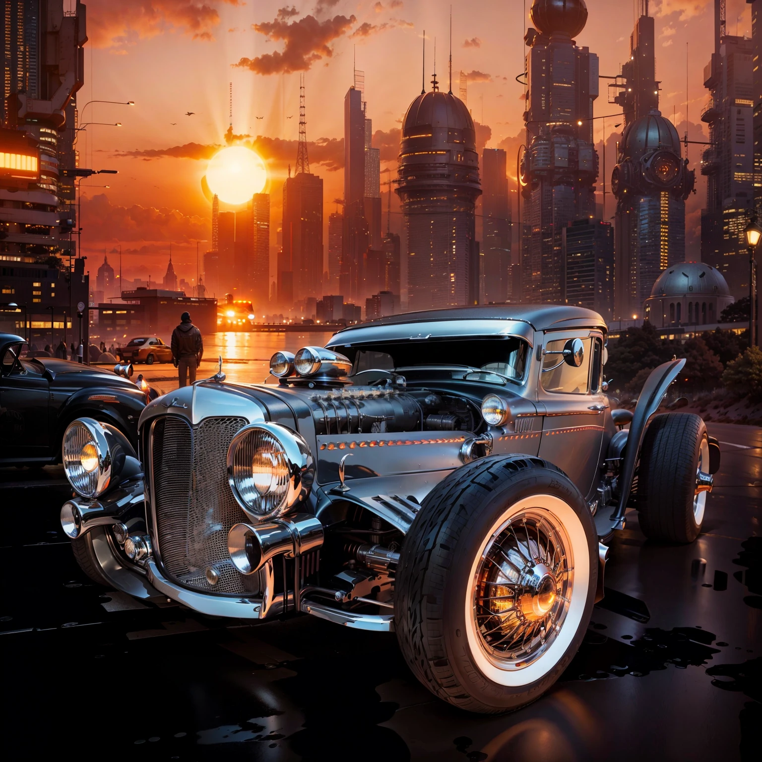 A brilliant Black Hot Rod sport car headlights on in the foreground, in the background is a sci fi city with a lot of buildings lights on and a giant sun shining in the car's body