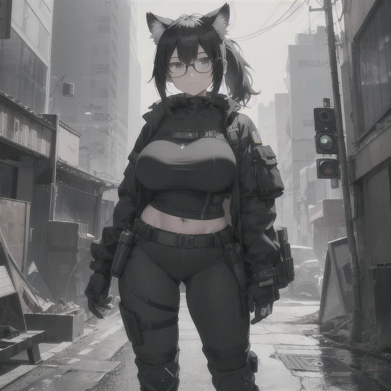 Absurd resolution, high resolution, (masterpiece: 1.4), hyper-detail, full body shot, solo, 1 kemono feline cat woman, humanoid, no skin other than neck and head shown, black hair, glasses, messy ponytail, cute face, detailed soft grey eyes, huge massive hyper super swollen breasts that cover her whole torso and are bigger than her head while being so big they reach her belly button, extremely super large bust, wide full hips, narrower torso and shoulders, smaller torso, full thicc big soft thighs, big rounded full soft butt, ruggedized utility styled outfit, full body outfit coverage with no skin showing or revealed, scifi monochrome black and grey fullbody covering protective padding rugged loose pilot utility suit with white chest, practical/functional clothing, weather-proof durable clothing material, nylon clothing material, custom made clothing to fit and support large breasts, scifi padded rugged rigid high collar techwear jacket, white and black triangular decals and techwear iconography on apparel and clothing, techwear gloves, arm mounted strapped display scifi tablet/communication device/computer, rugged tablet display mounted on MOLLE strap on top of her bust, ruggedized computer tablet mounted above her breasts, screen display mounted on top of her chest, ruggedized tech, ruggedized tech aesthetic, fitted utility pants, utility chaps, near future scifi, cyberpunk aesthetic, anime aesthetic