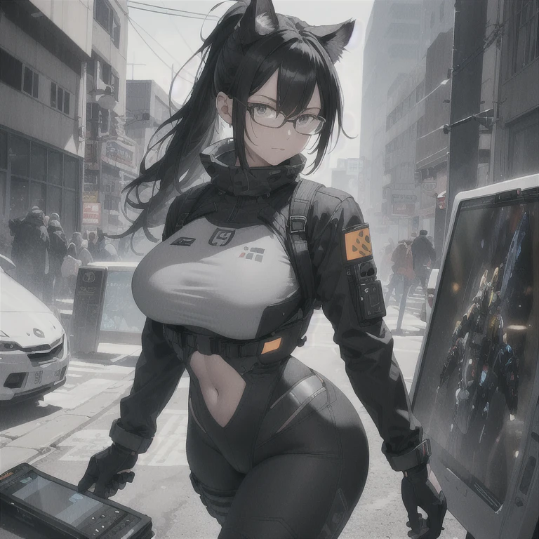 Absurd resolution, high resolution, (masterpiece: 1.4), hyper-detail, full body shot, solo, 1 kemono feline cat woman, humanoid, no skin other than neck and head shown, black hair, glasses, messy ponytail, cute face, detailed soft grey eyes, huge massive hyper super swollen breasts that cover her whole torso and are bigger than her head while being so big they reach her belly button, extremely super large bust, wide full hips, narrower torso and shoulders, smaller torso, full thicc big soft thighs, big rounded full soft butt, ruggedized utility styled outfit, full body outfit coverage with no skin showing or revealed, scifi monochrome black and grey fullbody covering protective padding rugged loose pilot utility suit with white chest, practical/functional clothing, weather-proof durable clothing material, nylon clothing material, custom made clothing to fit and support large breasts, scifi padded rugged rigid high collar techwear jacket, white and black triangular decals and techwear iconography on apparel and clothing, techwear gloves, arm mounted strapped display scifi tablet/communication device/computer, rugged tablet display mounted on MOLLE strap on top of her bust, ruggedized computer tablet mounted above her breasts, screen display mounted on top of her chest, ruggedized tech, ruggedized tech aesthetic, fitted utility pants, utility chaps, near future scifi, cyberpunk aesthetic, anime aesthetic