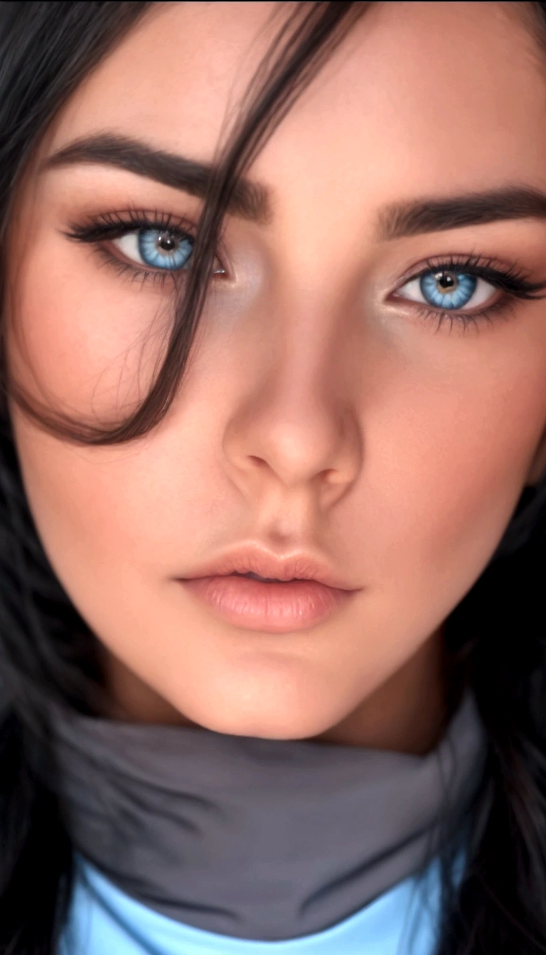 a close-up of a woman with long hair and a blue shirt, extremely detailed gorgeous face, close up face, perfect face and eyes, close-up perfect face, closeup impressionante, headshot, sexy face, Face ultra detailed, beautiful hyperrealistic face, detailed gorgeous face, sexy face with full makeup, Extremely beautiful face, Face ultra detailed and eyes, detailed gorgeous face