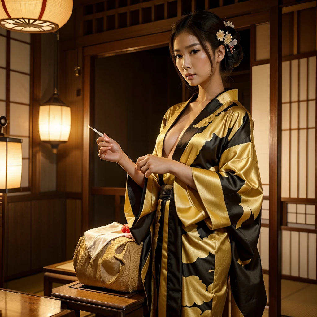 one naked araffe asian woman in kimono undressing holding a cigarette, in kimono, japanese goddess, elegant japanese woman, japanese model, in a kimono, glamorous and sexy geisha, wearing kimono, japanese woman, traditional japanese, japanese, kimono, organic seductive geisha, wearing a kimono, japanese kimono, japaneese style, traditional beauty, beautiful asian girl, beautiful asian woman, black yelow kimono, blond hair