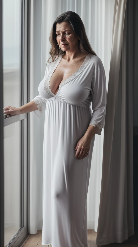 RAW photography, shadows, cinematic lighting, realistic reflections, and highly detailed, fat woman, 60 years old next to a window, wide hips, beautiful, ((crying)), giant breasts, (((short ripped nightgown))), standing