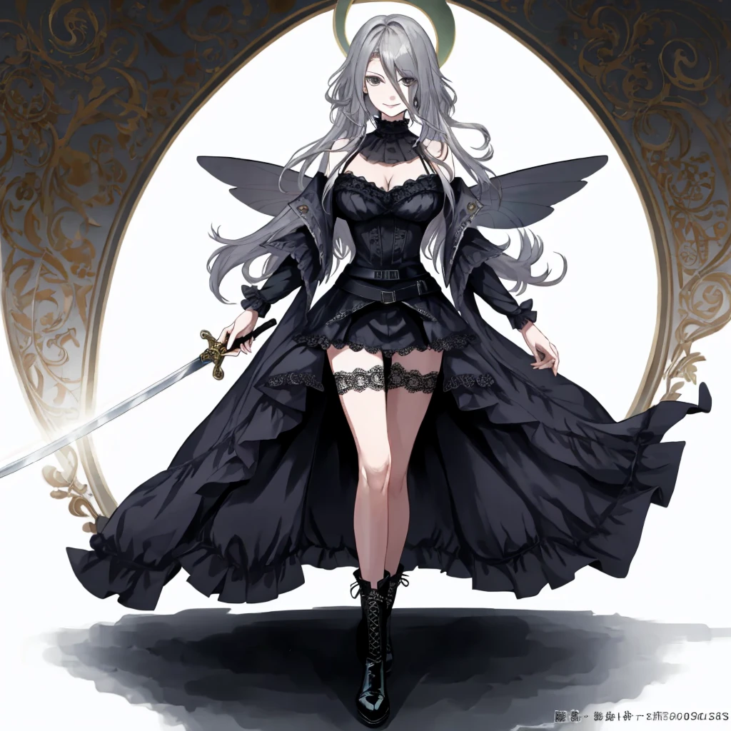  ((best quality)), ((masterpiece)), (detailed), 1girl, Character design, female, dynamic poses, long white grey hair, grey white eyes, very skinny, detailed, best quality, no accesoires around the neck, prominent collarbones, skinny arms, full body, blank white background, plain background, white background, ((red and white clothing)), Bloodborne inspired, occult aesthetic, occult, detailed and intricate steampunk and detailed gothic, Very dramatic and cinematic lighting, cosmic horror, grim-dark, side-lighting, perfect face,  Fluttering lace flared long knee length dress with frilly petticoats, knee length dress, pleated petticoats, petticoats gothic, complex lace boots, side-lighting, gothic aesthetic, wielding a mighty sword with mechanical components, mandalas, small breasts, a fairy, various different types of insect wings,full body, whole body, white holy clothes,white holy clothes,((evil smile)),