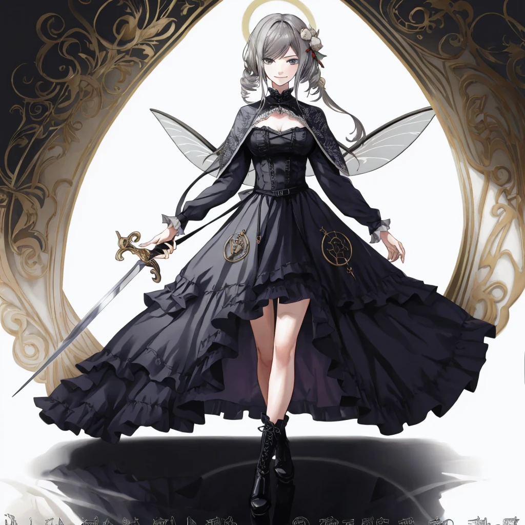  ((best quality)), ((masterpiece)), (detailed), 1girl, Character design, female, dynamic poses, long white grey hair, grey white eyes, very skinny, detailed, best quality, no accesoires around the neck, prominent collarbones, skinny arms, full body, blank white background, plain background, white background, ((red and white clothing)), Bloodborne inspired, occult aesthetic, occult, detailed and intricate steampunk and detailed gothic, Very dramatic and cinematic lighting, cosmic horror, grim-dark, side-lighting, perfect face,  Fluttering lace flared long knee length dress with frilly petticoats, knee length dress, pleated petticoats, petticoats gothic, complex lace boots, side-lighting, gothic aesthetic, wielding a mighty sword with mechanical components, mandalas, small breasts, a fairy, various different types of insect wings,full body, whole body, white holy clothes,white holy clothes,((evil smile)),