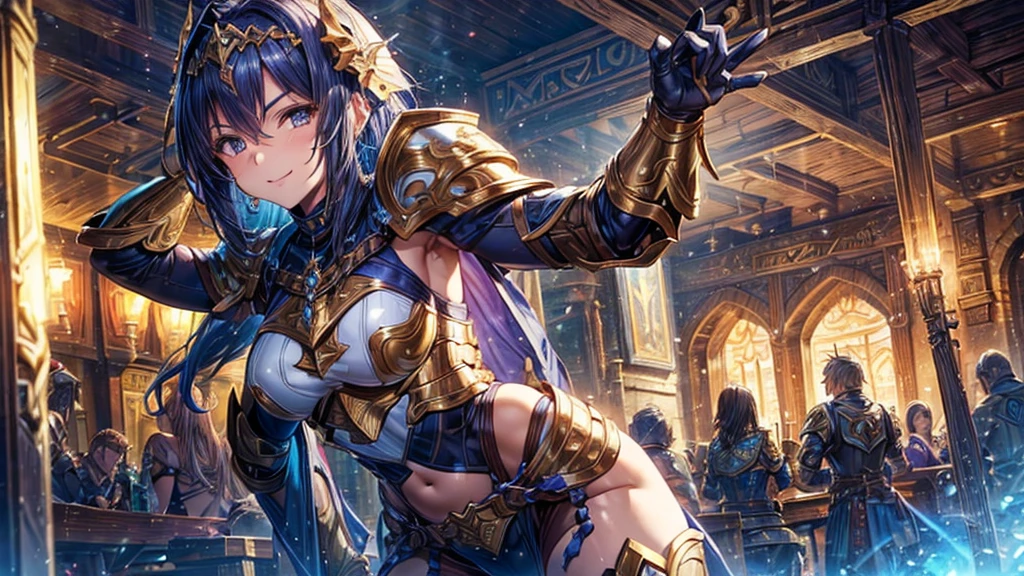 (1 mature, muscular female paladin,Gorgeous Paladin Armor,Arm guard,Leg guards,Head ornament,Age 25), ((Pub,guild)),(smile),Dynamic pose,Dynamic Angle,belly button,Pose for a photo,From below,