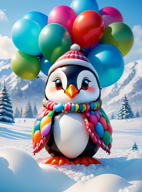 (A colorful penguin holding an umbrella made of colorful balloons), (Umbrella made of balloons), ((Christmas, balloons, in the snow on Christmas Eve)), Cute and detailed digital art, lovely digital painting, Cute balloon penguin, Lovely detailed artwork, Cute 3d rendering, digital painting very detailed, Cute and colorful, adolable, Highly detailed digital artwork, Detailed and colorful