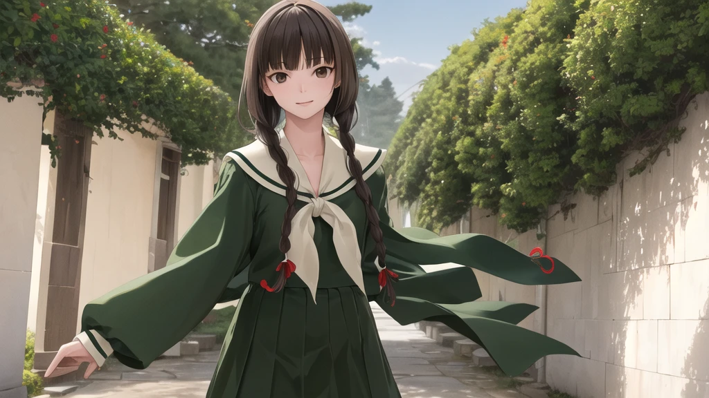16 years old, masterpiece, Highest quality, High resolution, aayoshino, Slender figure, Sickly, White Rose, Long Hair, Twin Blade, Brown eyes, Hair that falls over the shoulders, , Sailor collar, neckerchief, Green Shirt, One piece sailor shirt, Long sleeve, Green Skirt, Long skirt, Are standing, Cowboy Shot, Outdoor, White Rose庭園, Person on the right, Shining Face