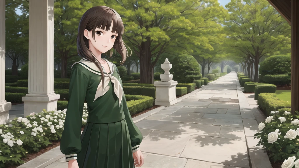, masterpiece, Highest quality, High resolution, aayoshino, Slender figure, Sickly, White Rose, Long Hair, Twin Blade, Brown eyes, Hair that falls over the shoulders, , Sailor collar, neckerchief, Green Shirt, One piece sailor shirt, Long sleeve, Green Skirt, Long skirt, Are standing, Cowboy Shot, Outdoor, White Rose庭園, Person on the right, Shining Face