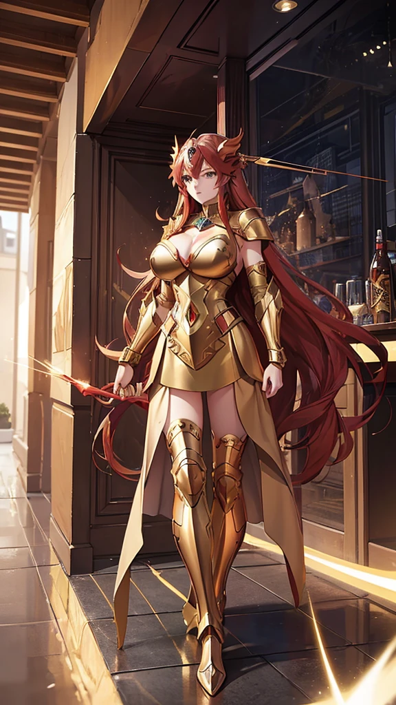 woman, long hair,, Golden Armor, Sagittarius Armor, very long hair, (long hair), long hair, (((Red hair))), (((Red hair))), Detailed images, Super definition, 16K, looking at camera, wing, Golden armor, helmet, Sagittarius Armor，Huge breasts，cleavage，silver eyes，Expose，Shooting an arrow
