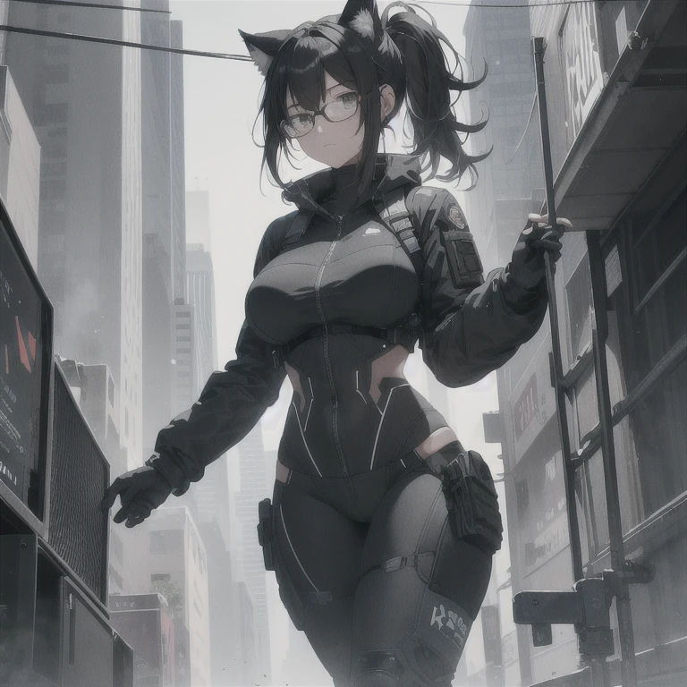 Absurd resolution, high resolution, (masterpiece: 1.4), hyper-detail, full body shot, solo, 1 kemono feline cat woman, humanoid, no skin other than neck and head shown, black hair, glasses, messy ponytail, cute face, detailed soft grey eyes, huge massive hyper super swollen heavy breasts that cover her whole torso and are bigger than her head while being so big they reach her belly button, extremely super large swollen perky heavy bust, wide full hips, narrower torso and shoulders, smaller torso, full thicc big soft thighs, big rounded full soft butt, ruggedized utility styled outfit, full body outfit coverage with no skin showing or revealed, scifi monochrome black and grey fullbody covering protective padding rugged loose-fitted pilot utility suit with white chest, practical/functional clothing, weather-proof durable clothing material, nylon clothing material, custom made clothing to fit and support large breasts, scifi padded rugged rigid high collar techwear jacket, white and black triangular decals and techwear iconography on apparel and clothing, techwear gloves, arm mounted strapped display scifi tablet/communication device/computer, rugged tablet display mounted on MOLLE strap on top of her bust, ruggedized computer tablet mounted above her breasts, screen display mounted on top of her chest, ruggedized tech, ruggedized tech aesthetic, fitted utility pants, utility chaps, near future scifi, cyberpunk aesthetic, anime aesthetic