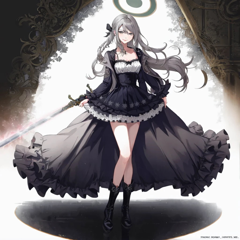  ((best quality)), ((masterpiece)), (detailed), 1girl, Character design, female, dynamic poses, long white grey hair, grey white eyes, very skinny, detailed, best quality, no accesoires around the neck, prominent collarbones, skinny arms, full body, blank white background, plain background, white background, ((red and white clothing)), Bloodborne inspired, occult aesthetic, occult, detailed and intricate steampunk and detailed gothic, Very dramatic and cinematic lighting, cosmic horror, grim-dark, side-lighting, perfect face,  Fluttering lace flared long knee length dress with frilly petticoats, knee length dress, pleated petticoats, petticoats gothic, complex lace boots, side-lighting, gothic aesthetic, wielding a mighty sword with mechanical components, mandalas, small breasts, a fairy, various different types of insect wings,full body, whole body, white holy clothes,white holy clothes,((evil smile)),