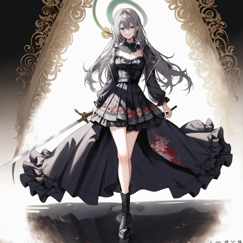  ((best quality)), ((masterpiece)), (detailed), 1girl, Character design, female, dynamic poses, long white grey hair, grey white eyes, very skinny, detailed, best quality, no accesoires around the neck, prominent collarbones, skinny arms, full body, blank white background, plain background, white background, ((red and white clothing)), Bloodborne inspired, occult aesthetic, occult, detailed and intricate steampunk and detailed gothic, Very dramatic and cinematic lighting, cosmic horror, grim-dark, side-lighting, perfect face,  Fluttering lace flared long knee length dress with frilly petticoats, knee length dress, pleated petticoats, petticoats gothic, complex lace boots, side-lighting, gothic aesthetic, wielding a mighty sword with mechanical components, mandalas, small breasts, a fairy, various different types of insect wings,full body, whole body, white holy clothes,white holy clothes,((evil smile)),