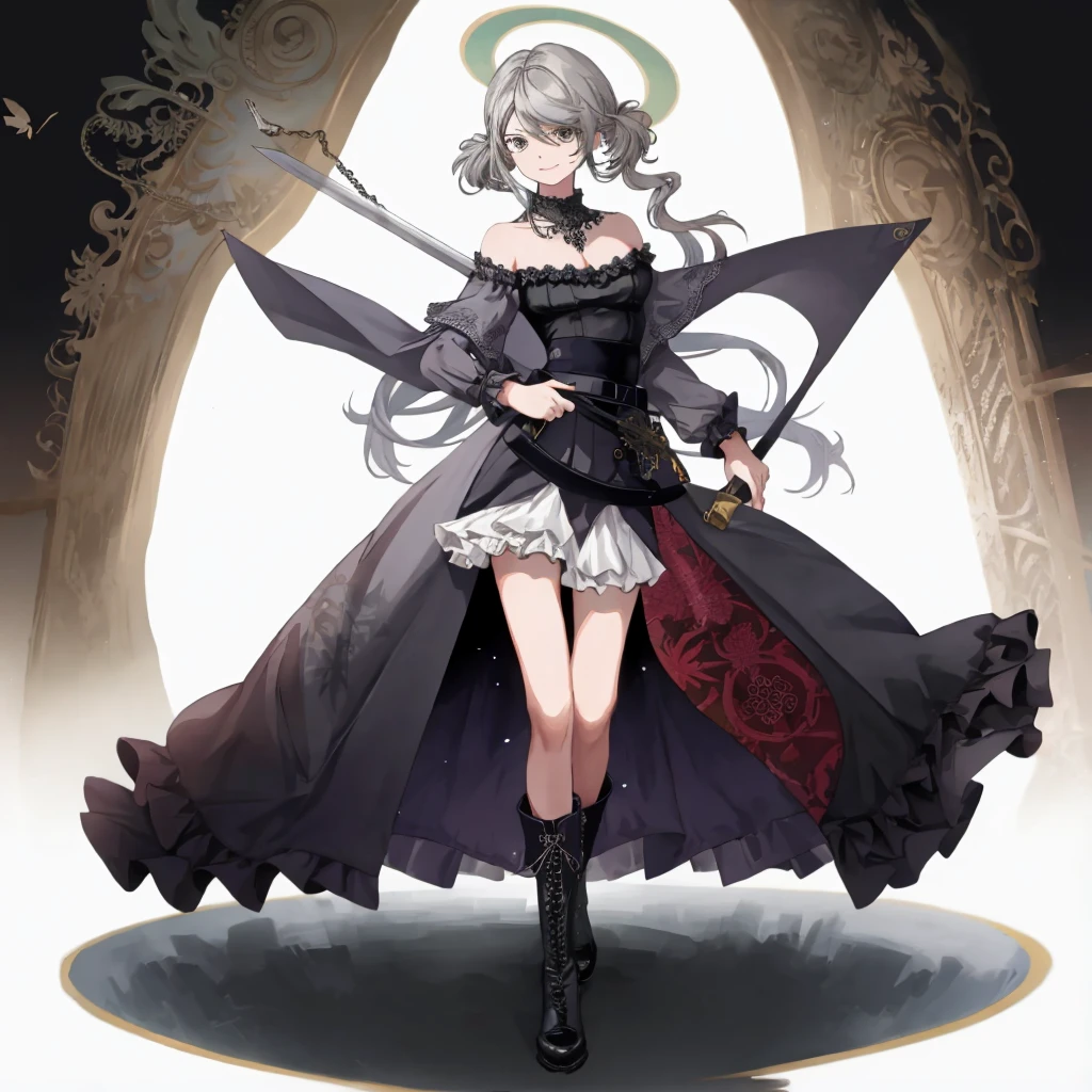  ((best quality)), ((masterpiece)), (detailed), 1girl, Character design, female, dynamic poses, long white grey hair, grey white eyes, very skinny, detailed, best quality, no accesoires around the neck, prominent collarbones, skinny arms, full body, blank white background, plain background, white background, ((red and white clothing)), Bloodborne inspired, occult aesthetic, occult, detailed and intricate steampunk and detailed gothic, Very dramatic and cinematic lighting, cosmic horror, grim-dark, side-lighting, perfect face,  Fluttering lace flared long knee length dress with frilly petticoats, knee length dress, pleated petticoats, petticoats gothic, complex lace boots, side-lighting, gothic aesthetic, wielding a mighty sword with mechanical components, mandalas, small breasts, a fairy, various different types of insect wings,full body, whole body, white holy clothes,white holy clothes,((evil smile)),