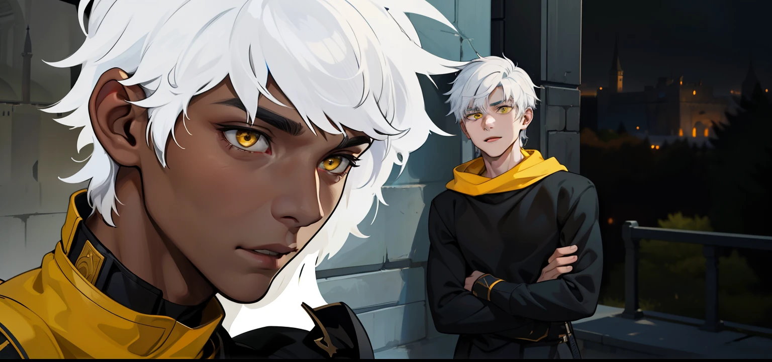 A young 19-year-old male with white hair and yellow eyes has a black tunic, he is thoughtful, speaking out loud, and an 18-year-old young man looking at him, behind them there is a medieval Arab castle.