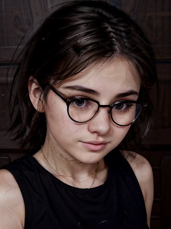 Cute Russian girl, round face, round cheeks, round chin, beautiful proportional small wide nose, Plump lips, closed mouth, expressive brown eyes, Long eyelashes, glasses with lenses, a little crazy look, sparkle in the eyes, short spiky tousled dark brown tousled hair upright, simple stretched gray tank top with straps, flat chest, upper body 