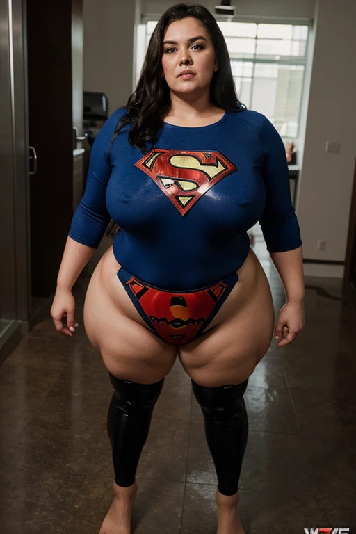 bbw superheroine is standing and paralyzed in front, full body, bbw sweat,