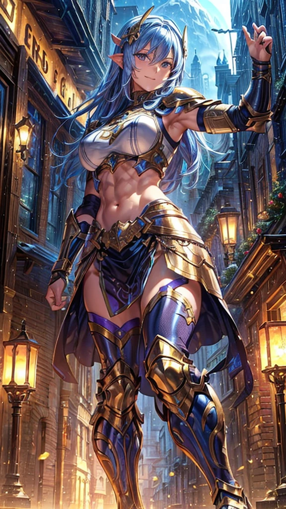 (1 mature, muscular female paladin,Gorgeous Paladin Armor,Arm guard,Leg guards,Head ornament,Age 35), ((Pub,guild)),(smile),Dynamic pose,Dynamic Angle,belly button,Pose for a photo,From below,Elderly woman