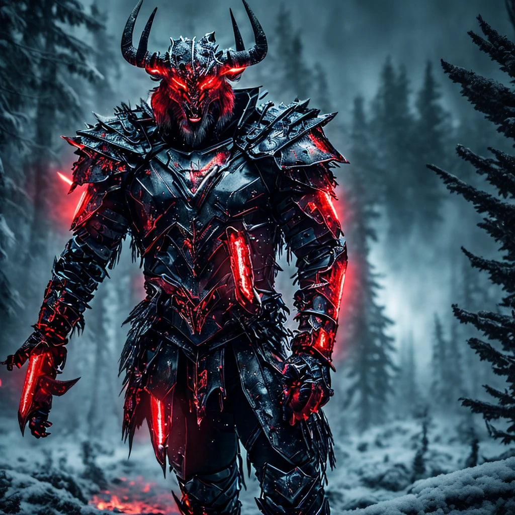a giant beastly creature, humanoid creature with horns, neon red eyes, icy forest landscape, warrior facing the creature, warrior with a long sword, dark starry sky, (best quality,8k,ultra-detailed,vivid colors,realistic,masterpiece:1.2),dark fantasy,dramatic lighting,cinematic composition,wide angle,wide view,three-headed creature