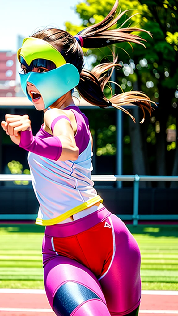 1 girl, solo, running, Gray Track Top, pink shorts, ponytail, athletic build, dynamic brushstrokes, fluid movement, capturing the essence of her athleticism and energy, using light colors and soft tones to create a dreamy and ethereal atmosphere, portraying the motion and grace of running, showing the wind blowing her ponytail and clothes, and the scenery of her surroundings.
outdoors, detailed background, Modern metropolis,