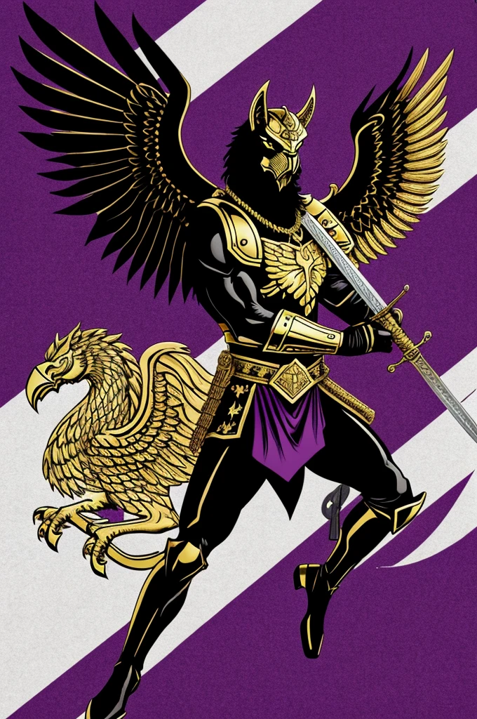 A flag with a purple background with a gold shield And above it a black and white griffin holding a sword and a gun in its claws 