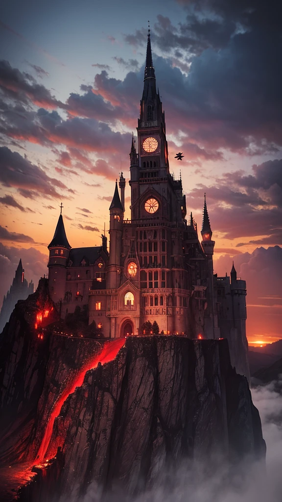 cascade of (blood) cascading down a gothic castle on a cliff at night, officer, clouds, low angle shot, digital illustration, detailed, high resolution, high quality, 8k, High saturation, (Salvador Dali style)