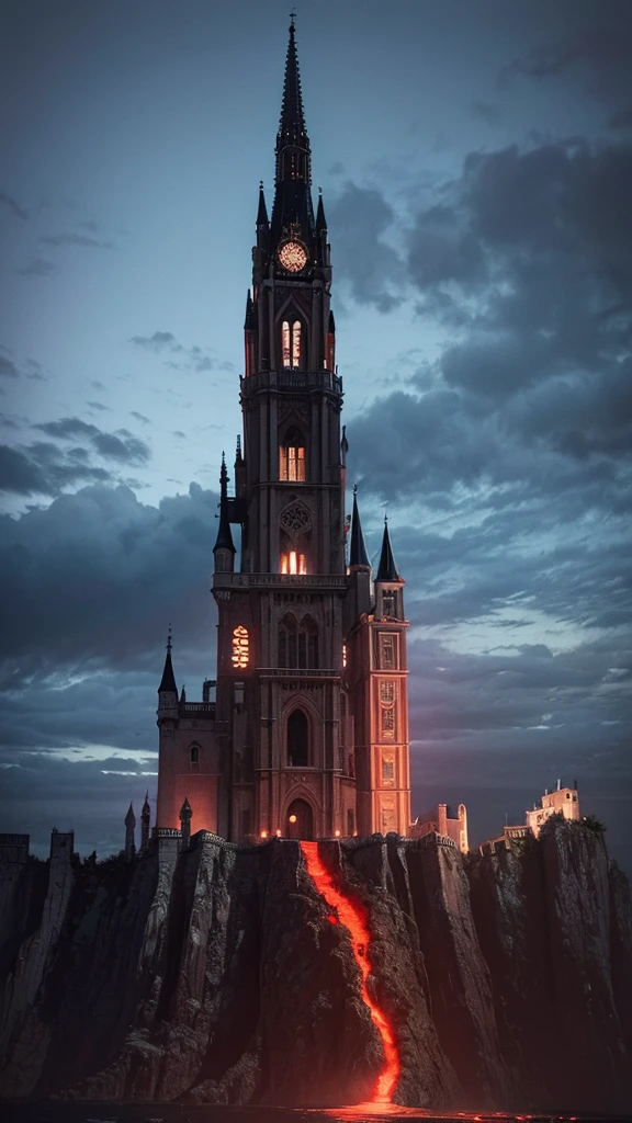 cascade of (blood) cascading down a gothic castle on a cliff at night, officer, clouds, low angle shot, digital illustration, detailed, high resolution, high quality, 8k, High saturation, (Salvador Dali style)