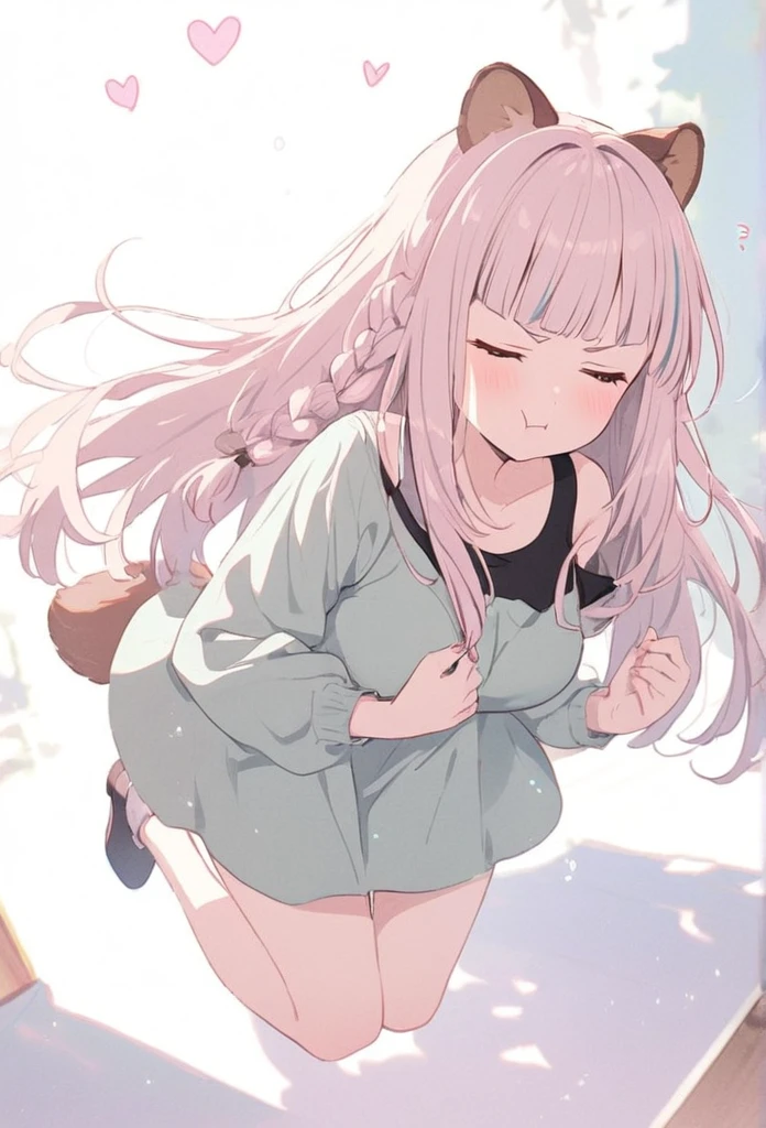 anime,(pale colors:1.8),long shot, 1girl, (on right:1.3), full body, solo, pout, bad mood, closed eyes, dynamic angle, jumping high, fang, light pink hair, long hair, straight hair, racoon ears, racoon tail, (brown streaked hair:1.3), side braid, (blunt bangs) ,thick eyebrows, big breast, off shoulder clothes, cutout, heart background, shadow,