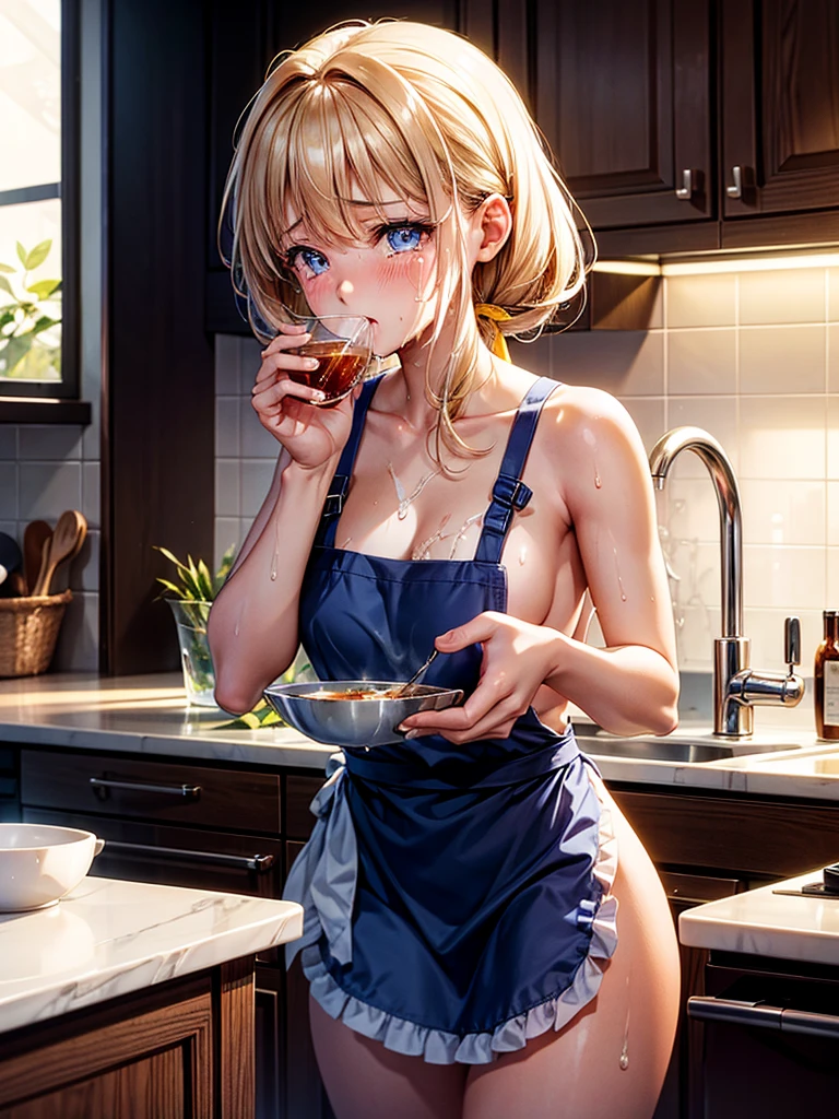 Highest Resolution,Highest quality,A beautiful girl with a crying face drinking a glass of water in a nude apron,kitchen,Tears,Open your mouth and drool,whole body,front,Sweat profusely,Beautiful eyes,Lots of saliva,