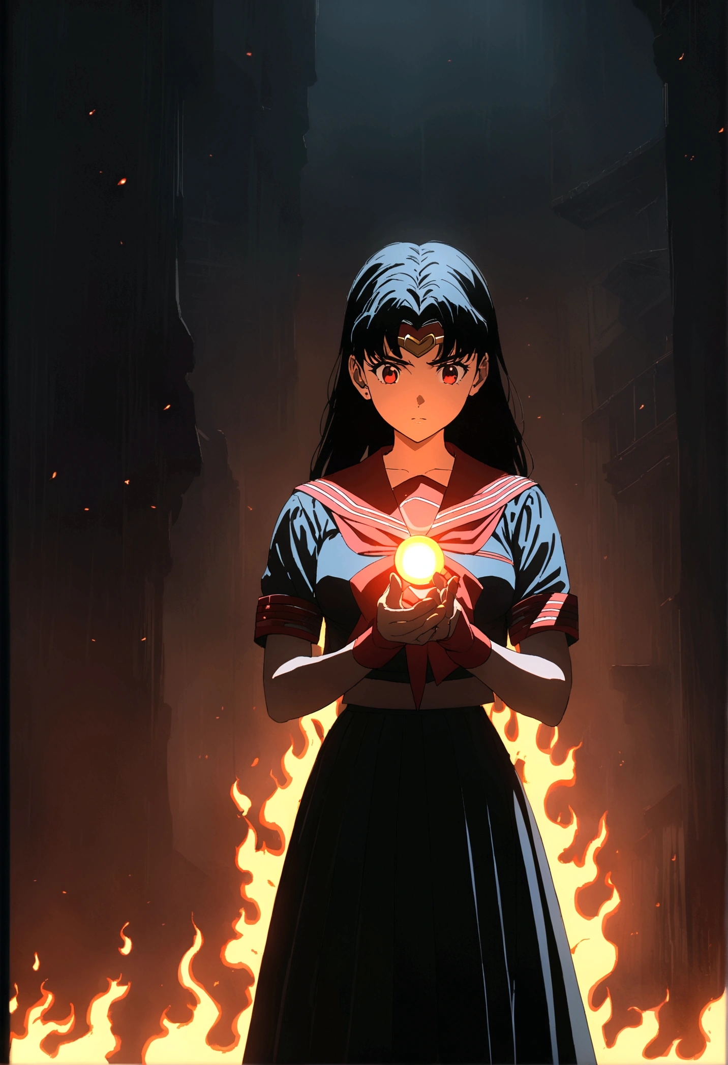 anime「Sailor Moon」Sailor Mars, The red eyes shine intensely, In flames, Long black hair,  Standing against a dark and ominous background, Dramatic lighting, Structure of the film, Super detailed, 8K, Finding