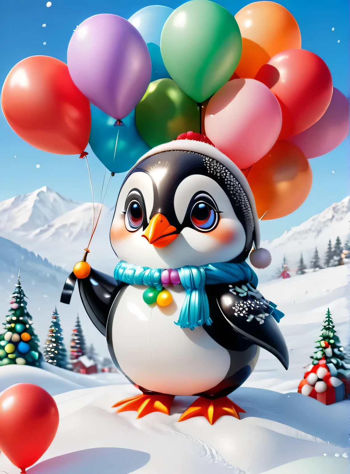 (A colorful penguin holding an umbrella made of colorful balloons), (Umbrella made of balloons), ((Christmas, balloons, in the snow on Christmas Eve)), Cute and detailed digital art, lovely digital painting, Cute balloon penguin, Lovely detailed artwork, Cute 3d rendering, digital painting very detailed, Cute and colorful, adolable, Highly detailed digital artwork, Detailed and colorful