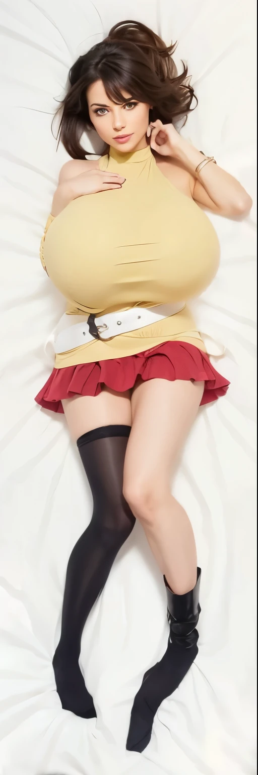 Breast expansion, (enormous boobs), (huge boobs) , massive breasts, slim girl, thin waist, , dark hair, bigger breasts, beautiful face, tight white bikini,