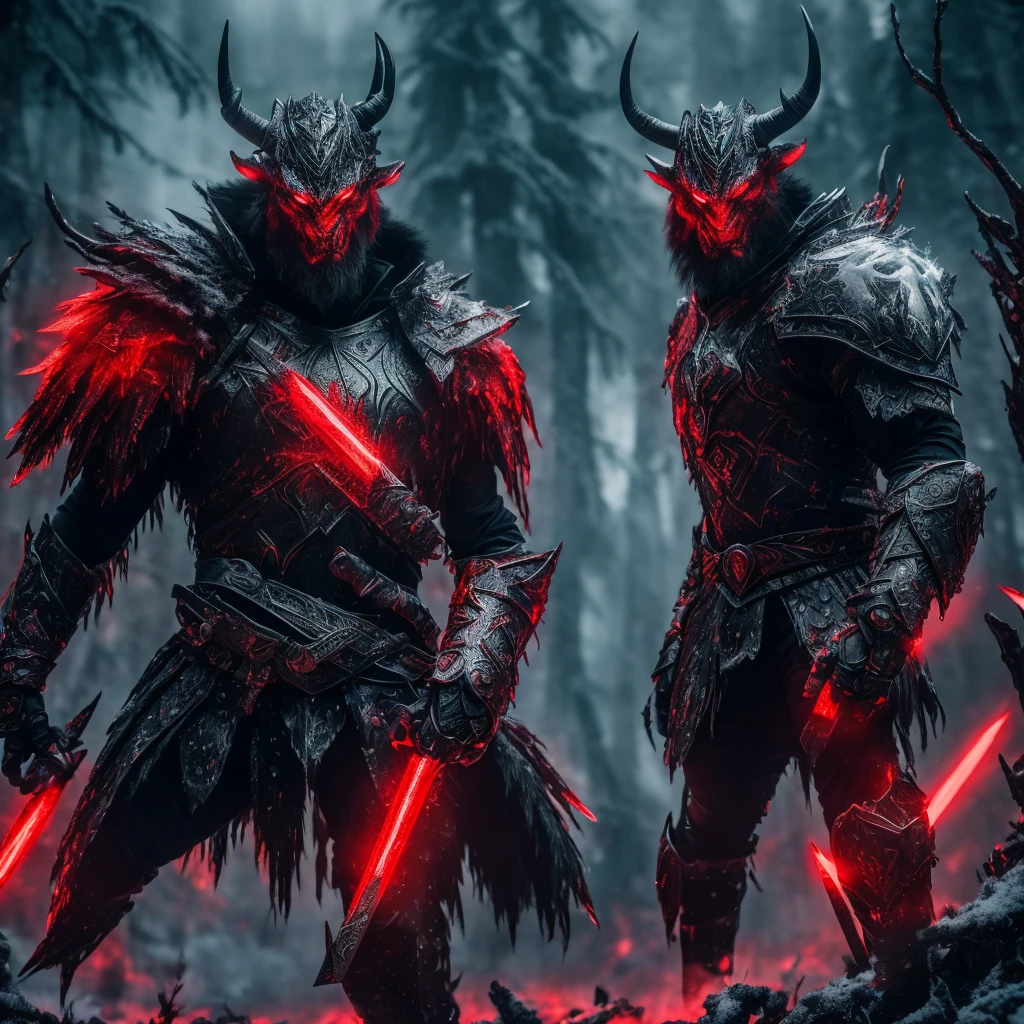 a giant beastly creature, humanoid creature with horns, neon red eyes, icy forest landscape, warrior facing the creature, warrior with a long sword, dark starry sky, (best quality,8k,ultra-detailed,vivid colors,realistic,masterpiece:1.2),dark fantasy,dramatic lighting,cinematic composition,wide angle,wide view,three-headed creature