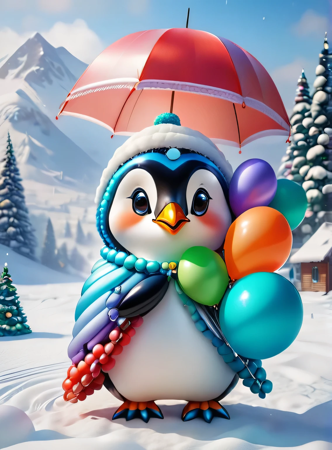 (A colorful penguin holding an umbrella made of colorful balloons), (Umbrella made of balloons), ((Christmas, balloons, in the snow on Christmas Eve)), Cute and detailed digital art, lovely digital painting, Cute balloon penguin, Lovely detailed artwork, Cute 3d rendering, digital painting very detailed, Cute and colorful, adolable, Highly detailed digital artwork, Detailed and colorful