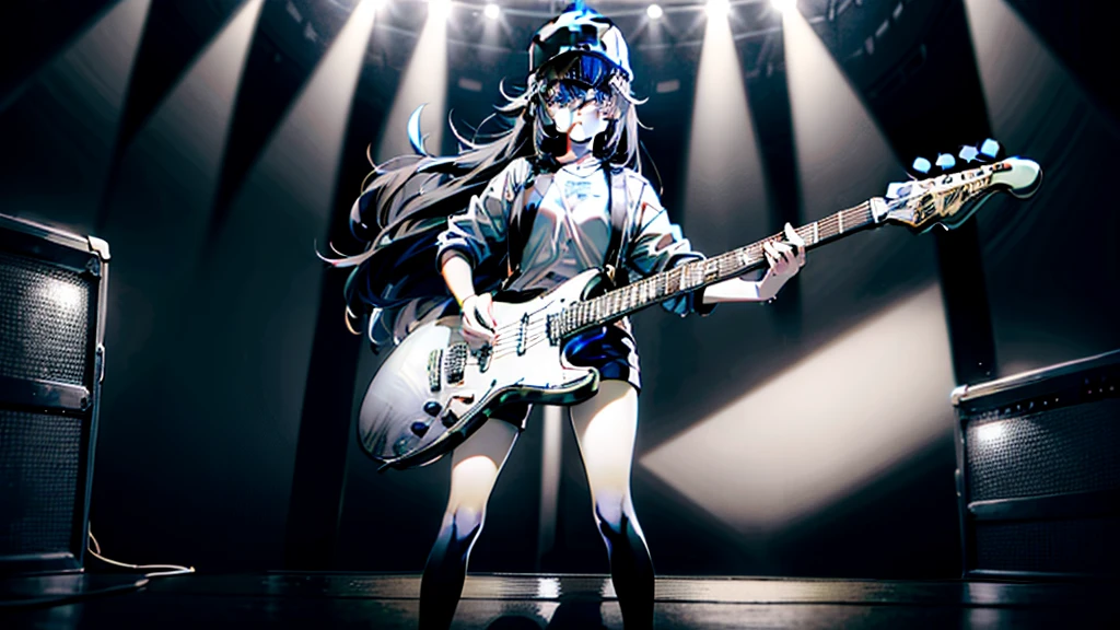 (((grayscale)))(masterpiece:1.2, Highest quality), (Graffiti wall:1.15), One woman, Beanie, Jacket, leggings, blue eyes, whole body,masterpiece, Highest quality, Highly detailed CG, (Intricate details:1.2), 8k wallpaper, One girl, alone , gray , guitar, (holding guitar:1.2), sing, Are standing, Stage lighting, (Mike stand:1.2),a young woman with an electric guitar, black shorts, blue eyes, shirt, Black Hair, Baseball cap, white shirt, 長いBlack Hair, Short sleeve, Long Hair