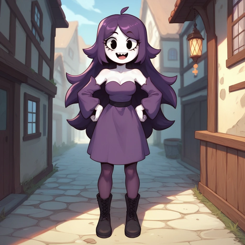 lila (spooky month), 1girl, solo, white skin, long hair, straight hair, purple hair, eyelashes, purple dress, detached sleeves, breasts, purple skirt, purple pantyhose, black boots, full body, standing, hands on hips, looking at viewer, open smile, flat colors, score_9, score_8_up, score_7_up, outdoors, town