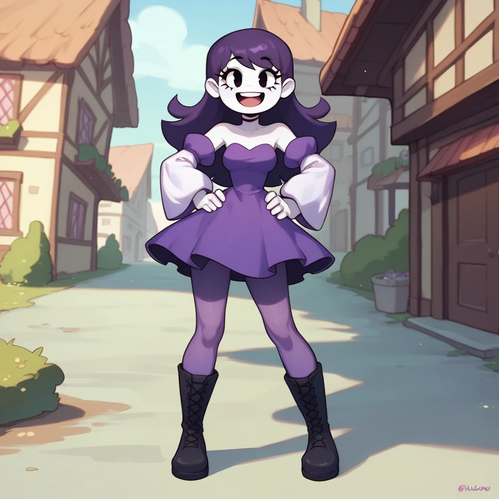 lila (spooky month), 1girl, solo, white skin, long hair, straight hair, purple hair, eyelashes, purple dress, detached sleeves, breasts, purple skirt, purple pantyhose, black boots, full body, standing, hands on hips, looking at viewer, open smile, flat colors, score_9, score_8_up, score_7_up, outdoors, town