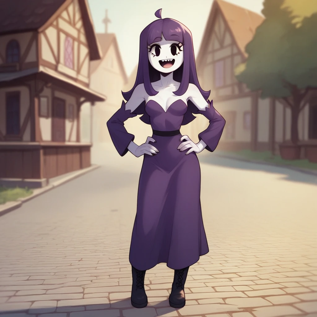 lila (spooky month), 1girl, solo, white skin, long hair, straight hair, purple hair, eyelashes, purple dress, detached sleeves, breasts, purple skirt, purple pantyhose, black boots, full body, standing, hands on hips, looking at viewer, open smile, flat colors, score_9, score_8_up, score_7_up, outdoors, town
