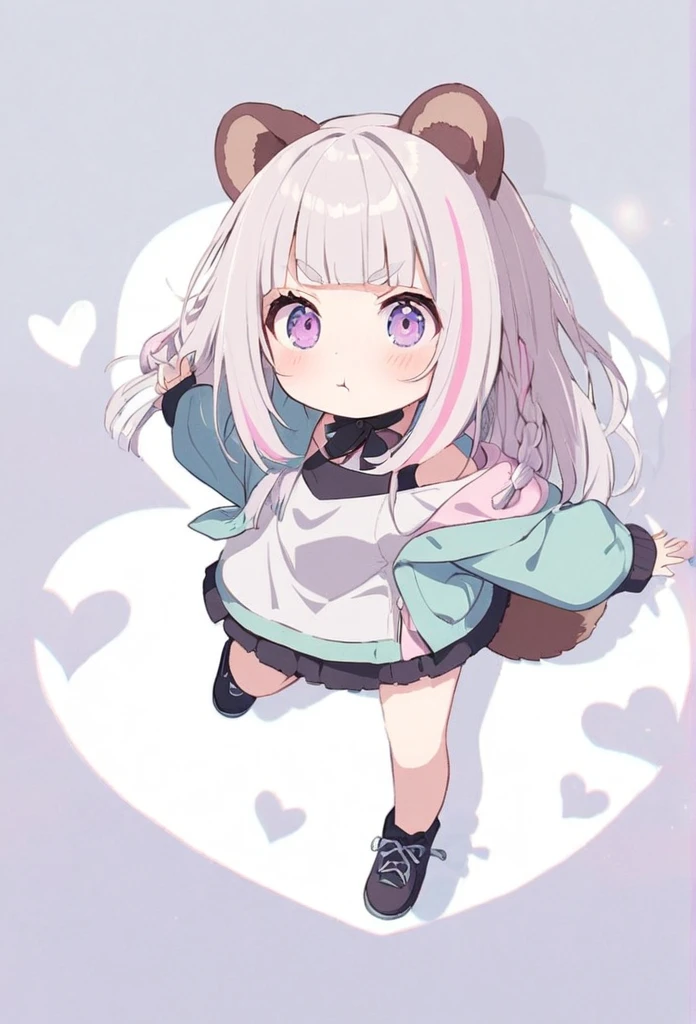 anime,(pale colors:1.8),long shot, 1girl, (on right:1.3), full body, solo, pout, bad mood, dynamic angle, jumping high, fang, light pink hair, long hair, straight hair, racoon ears, racoon tail, (brown streaked hair:1.3), side braid, (blunt bangs) ,thick eyebrows, big breast, off shoulder clothes, cutout, heart background, shadow,